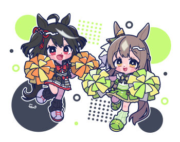 1girl ahoge animal_ears black_circle black_hair black_jacket black_shirt black_skirt black_socks blush blush_stickers bow braid brown_eyes brown_hair cheerleader chibi chibi_only double-parted_bangs ear_ornament ear_ribbon genkai_made_pom_pon!! green_circle green_jacket green_skirt green_socks hair_between_eyes hair_ornament half_up_braid holding holding_pom_poms horse_ears horse_girl horse_tail jacket kitasan_black_(umamusume) long_hair looking_at_viewer loose_socks multicolored_hair open_clothes open_jacket open_mouth patterned_background pom_pom_(cheerleading) pom_poms red_bow red_eyes satono_diamond_(umamusume) shirt shoes short_hair simple_background skirt smile socks solo streaked_hair tail umamusume very_long_hair white_hair wtnkkon yellow_bow