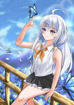 1girl absurdres ahoge arm_up black_skirt blue_butterfly blue_eyes blue_flower blush bow bowtie breasts bug butterfly closed_mouth collared_shirt commentary elaina_(majo_no_tabitabi) feet_out_of_frame fingernails flower grey_hair gurin_(cakx8782) hair_between_eyes highres insect long_hair looking_up majo_no_tabitabi miniskirt orange_bow orange_bowtie pleated_skirt shirt skirt sleeveless sleeveless_shirt small_breasts smile solo white_shirt