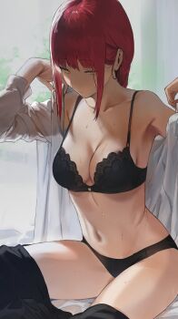 1girl armpits bare_shoulders black_bra black_panties bra breasts chainsaw_man cleavage collared_shirt dress_shirt hair_behind_ear hews highres long_hair makima_(chainsaw_man) medium_breasts navel panties pants red_hair shirt sidelocks sitting solo sweat thighs underwear white_shirt window yellow_eyes