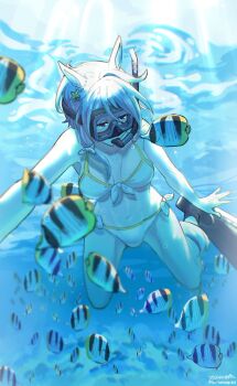 Rule 34 | 1girl, absurdres, animal ears, bare shoulders, bikini, blue eyes, blue hair, breasts, collarbone, commentary request, diving mask, fish, flippers, freediving, goggles, hair between eyes, highres, horse ears, horse girl, horse tail, k.s.miracle (umamusume), medium breasts, navel, ocean, saramiao-chan, short hair, snorkel, snorkel in mouth, snorkel mask, solo, stomach, swimming, swimsuit, tail, umamusume, underwater, water, white bikini