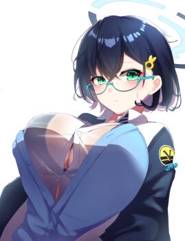 1girl blue_archive blue_hair breasts chihiro_(blue_archive) glasses green_eyes hacker hair_ornament hairpin halo huge_breasts jacket oboenikui_namae shirt short_hair white_shirt