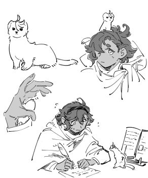 1girl absurdres animal animal_on_head animalization book capelet closed_mouth dark-skinned_female dark_skin full_body greyscale gundam gundam_suisei_no_majo highres miorine_rembran monochrome nideaneng on_head suletta_mercury sweatdrop teaching upper_body writing