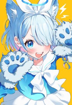 1girl adapted_costume animal_ear_fluff animal_ears animal_hands arona_(blue_archive) blue_archive blue_eyes blue_hair blue_halo blue_shirt blush bow bowtie braid choker colored_inner_hair commentary cowboy_shot eyelashes fake_animal_ears fake_claws fangs gloves hair_bow hair_over_one_eye hairband halloween halo hands_up highres looking_at_viewer multicolored_hair one_eye_covered open_mouth orange_background paw_gloves pineap000 pink_hair sailor_collar school_uniform serafuku shirt short_hair simple_background single_braid skirt solo tareme teeth upper_teeth_only v-shaped_eyebrows werewolf_costume white_bow white_bowtie white_choker white_hairband white_sailor_collar white_skirt wolf_ears