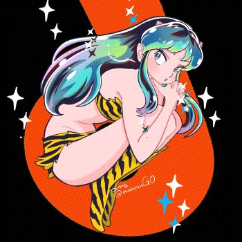 1girl animal_print aqua_hair bikini boots commentary_request cone_horns from_side full_body highres horns knee_boots long_hair looking_at_viewer lum muda_rengou_to_ziggy_stardust pointy_ears print_bikini print_boots sidelocks signature solo sparkle sparkling_aura swimsuit tiger_print tiger_print_bikini urusei_yatsura