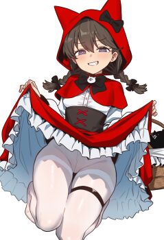 1girl absurdres animal_hood basket black_bow black_cat black_corset black_eyes bow braid breasts bright_pupils brown_hair capelet cat cat_hood cat_ornament clothes_lift corset ebora fang grin groin hair_between_eyes highres hood killer_cat_(nyanko_daisensou) knees_together_feet_apart lifting_own_clothes light_blush long_skirt long_sleeves looking_at_viewer low_twin_braids medium_hair minya_(nyanko_daisensou) no_shoes nyanko_daisensou pantyhose petticoat red_capelet red_eyes red_hood red_skirt shirt short_twintails simple_background skirt skirt_lift small_breasts small_sweatdrop smile smirk teeth thigh_strap thighs twin_braids twintails variant_set white_background white_cat white_pantyhose white_pupils white_shirt