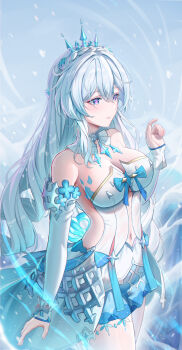 Rule 34 | 1girl, absurdres, bare shoulders, blue eyes, blue sky, breasts, chinese commentary, cleavage, clothing cutout, commentary request, detached sleeves, diamond-shaped pupils, diamond (shape), dress, highres, honkai (series), honkai impact 3rd, kiana kaslana, kiana kaslana (ba-dum! fiery wishing star), kiana kaslana (wintery wishes), large breasts, long hair, navel, navel cutout, official alternate costume, sideless dress, sky, snowing, solo, symbol-shaped pupils, tiara, very long hair, white dress, white hair, ying ling