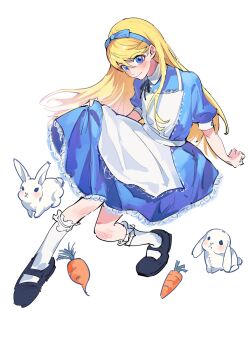 1boy 26duuuu animal apron black_ribbon black_shoes blonde_hair blue_dress blue_eyes blue_hairband blush bow_hairband carrot closed_mouth crossdressing crossdressing_(mtf) dress frilled_apron frilled_dress frills full_body hairband highres kneehighs kuma_(persona_4) long_hair looking_at_viewer male_focus mary_janes persona persona_4 puffy_short_sleeves puffy_sleeves rabbit ribbon shoes short_sleeves simple_background skirt_hold smile socks solo swept_bangs trap white_apron white_background white_socks