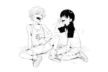 1boy 1girl absurdres blood chainsaw_man child denji_(chainsaw_man) feathers highres laughing mitaka_asa shirt shoes short_sleeves shorts sitting smile sneakers tagme tank_top tears yakimi_27