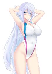 Rule 34 | 1girl, armpits, arms behind head, azur lane, blue eyes, breasts, cleavage, commission, competition swimsuit, covered navel, cowboy shot, highleg, highleg swimsuit, highres, large breasts, long hair, multicolored clothes, multicolored swimsuit, namako32, one-piece swimsuit, pixiv commission, presenting armpit, solo, sovetsky soyuz (azur lane), swimsuit, very long hair, white hair, white one-piece swimsuit
