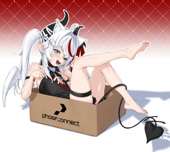 1girl agemmata ahoge angel_wings animal_ear_fluff animal_ears arm_strap asymmetrical_wings bare_shoulders barefoot blue_eyes box cardboard_box cat_ears commentary demon_tail demon_wings detached_wings english_commentary fangs feet flat_chest for_adoption full_body hair_intakes hair_ornament hairclip heterochromia highres horns in_box in_container long_hair looking_at_viewer multicolored_hair outline paw_pose phase_connect pointy_ears red_eyes red_hair remilia_nephys solo streaked_hair tail thigh_strap toes two-tone_hair virtual_youtuber white_hair white_outline wing_hair_ornament wings