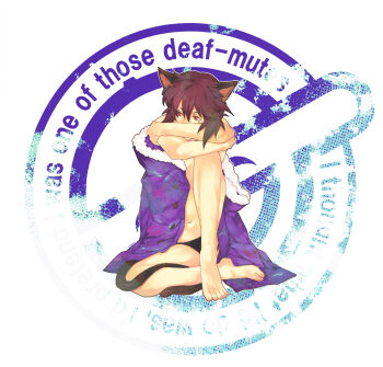 1girl animal_ears barefoot cat_ears cat_tail feet female_focus full_body fur_trim ghost_in_the_shell ghost_in_the_shell:_stand_alone_complex highres jacket kusanagi_motoko laughing_man_(gits) logo navel panties purple_hair red_eyes short_hair simple_background sitting solo tail topless_female underwear white_background