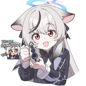 1girl :3 absurdres animal_ear_fluff animal_ears assault_rifle black_dress black_hair black_jacket black_ribbon blue_archive blue_halo china_dress chinese_clothes cleavage_cutout clothing_cutout commentary cropped_torso dress gradient_hair grey_hair gun hair_ribbon halo highres holding holding_gun holding_weapon jacket kokona_(blue_archive) lapels long_sleeves looking_at_viewer multicolored_hair notched_lapels open_mouth qbz-03 reference_inset ribbon rifle scope simple_background smile solo streaked_hair striped_clothes striped_dress striped_jacket tangzhuang vector_(dmlddmld00) vertical-striped_clothes vertical-striped_dress vertical-striped_jacket weapon white_background