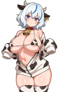 1girl absurdres animal_ears animal_print areola_slip armpit_crease bell belt_collar bikini blue_eyes blue_hair blush breasts closed_mouth collar commentary_request cow_ears cow_girl cow_horns cow_print cow_print_bikini cow_print_jacket cow_print_thighhighs cowbell cowboy_shot ear_tag highres horns jacket large_breasts long_sleeves looking_at_viewer micro_bikini multicolored_hair navel original partially_unzipped print_bikini print_jacket print_thighhighs puffy_long_sleeves puffy_sleeves red_collar shiguren_39 short_hair simple_background skindentation sleeves_past_fingers sleeves_past_wrists solo streaked_hair string_bikini swimsuit thighhighs two-tone_hair white_background white_hair