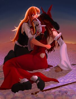 Rule 34 | 2girls, absurdres, arm around neck, arm around waist, black skirt, black vest, blonde hair, blood, blood on clothes, bow, breasts, brown hair, commentary, covered face, darkness, death, detached sleeves, dress, english commentary, ex-rumia, field, fine art parody, flower, flower field, full body, hair bow, hair tubes, hand on another's arm, hand on another's head, head hug, highres, horizon, hug, ivan the terrible and his son ivan, long hair, mask, multiple girls, osana reimu, outdoors, parody, raised inner eyebrows, ramnik5, red bow, red dress, red eyes, rumia, sendai hakurei no miko, shirt, shoes, sideboob, skirt, socks, torn clothes, torn dress, touhou, traumatized, twilight, very long hair, vest, white flower, white shirt, wide-eyed