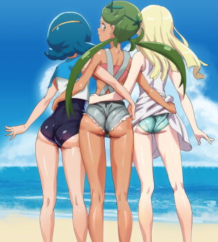 3girls ass bad_id bad_pixiv_id bare_arms bare_shoulders bikini bikini_bottom_only bikini_under_clothes blonde_hair blouse blue_bikini blue_hair blue_one-piece_swimsuit blue_sky cameltoe closed_mouth clothes_lift cloud dark-skinned_female dark_skin day dress dress_lift female_focus from_behind green_hair green_panties hairband lana_(pokemon) lifting_another&#039;s_clothes lillie_(pokemon) long_hair looking_at_viewer looking_back mallow_(pokemon) multiple_girls nintendo one-piece_swimsuit ontaros outdoors overalls panties pokemon pokemon_(anime) pokemon_sm pokemon_sm_(anime) profile shiny_clothes shiny_skin shirt sky sleeveless sleeveless_shirt smile standing strapless swimsuit swimsuit_under_clothes tube_top twintails underwear water white_dress white_shirt