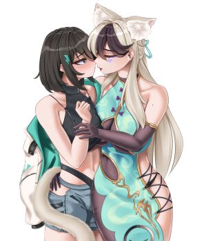 Rule 34 | 2girls, absurdres, animal ears, belt, black hair, blonde hair, breast press, breasts, cat ears, cat fantasy, cat girl, cat tail, cleavage, closed eyes, dress, eyeshadow, gloves, green eyes, hair ornament, halterneck, heart on cheek, highres, inspector (cat fantasy), jacket, kiss, large breasts, long hair, makeup, multicolored hair, multiple girls, open mouth, panties, qi (cat fantasy), shorts, skin tight, tail, takie arts, thighs, two-tone hair, underwear, very long hair, white background, yuri