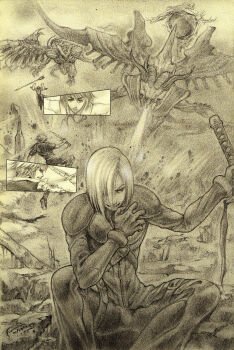 Rule 34 | 1girl, 2boys, bahamut (final fantasy), bahamut shin, battle, breath weapon, chest strap, cut-in, dagger, dominic ian cabatit, final fantasy, final fantasy vii, final fantasy vii: advent children, final fantasy x, final fantasy xiv, greyscale, grin, hair over one eye, hand up, highres, holding, holding dagger, holding knife, holding sword, holding weapon, horns, in-franchise crossover, kadaj, katana, knife, long coat, long sleeves, mage staff, male focus, monochrome, multiple boys, short hair, shoulder pads, sitting, smile, solo focus, staff, sword, thancred waters, v-shaped eyebrows, weapon, wings, yuna (ff10)