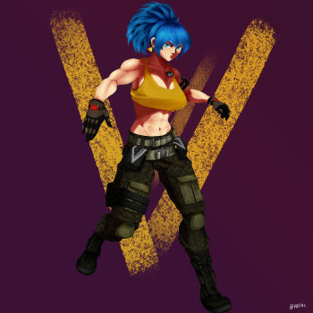 1girl blue_eyes blue_hair boots breasts female_focus hrdnl huge_breasts large_breasts leather leona_heidern long_hair looking_at_viewer military pants ponytail tank_top the_king_of_fighters toned toned_female