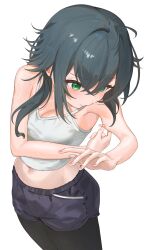 Rule 34 | 1girl, arm pinching, bare arms, black leggings, black shorts, camisole, commentary request, crop top, gakuen idolmaster, green eyes, green hair, hair flaps, highres, hinata (hinata-ur), idolmaster, leggings, leggings under shorts, looking down, navel, shorts, simple background, solo, stomach, sweat, tsukimura temari, white background, white camisole