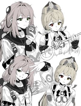 2girls absurdres alice_thymefield animal_ear_fluff animal_ears black_gloves black_sailor_collar blonde_hair braid braided_twintails cardigan chest_bow closed_mouth fingerless_gloves flying_sweatdrops food foodification fruit gloves green_eyes hair_ornament hashtag-only_commentary hearing_aid heterochromia highres holding holding_food holding_fruit holding_sword holding_weapon long_hair looking_at_object low_twintails monochrome multiple_girls multiple_views one_eye_closed parted_lips pink_cardigan rabbit_ears rabbit_girl red_eyes red_hair sailor_collar simple_background sphere_hair_ornament sword twintails ukinami_yuzuha upper_body v v_over_head weapon white_background yellow_eyes zenless_zone_zero zx277x