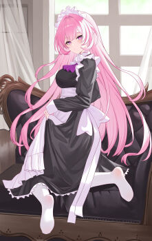 1girl absurdres alternate_costume apron black_dress breasts chinese_commentary commentary_request cyrene_(honkai:_star_rail) cyrene_(ripples_of_past_reverie)_(honkai:_star_rail) diamond-shaped_pupils diamond_(shape) dress highres honkai:_star_rail honkai_(series) indoors lao_xi large_breasts long_hair maid maid_apron maid_headdress no_shoes pantyhose pink_hair pointy_ears purple_eyes soles solo symbol-shaped_pupils very_long_hair white_apron white_pantyhose