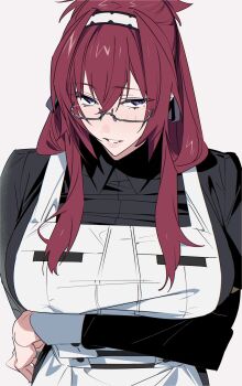 1girl apron arm_under_breasts breasts glasses hairband highres large_breasts lillia_greyrat long_hair long_sleeves looking_at_viewer maid mature_female mole mole_under_eye mushoku_tensei neguko parted_lips purple_eyes red_hair sidelocks simple_background smile solo upper_body white_background