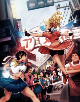 Rule 34 | 4boys, 6+girls, antenna hair, apron, ayuhara natsu, bad deviantart id, bad id, battle, bentley, bentley continental gt, big hair, bike shorts, black hair, blonde hair, blue sailor collar, capcom, car, company connection, crossover, dark skin, elena (street fighter), fingerless gloves, gloves, goggles, goggles on head, grin, hair slicked back, headband, hibiki dan, ibuki (street fighter), ishizaki, isurugi gan, justice gakuen, kanzuki karin, kasugano sakura, kurosawa sarai, long hair, makoto (street fighter), midriff, motor vehicle, multiple boys, multiple girls, narumi (street fighter), navel, necktie, omar dogan, pleated skirt, ringlets, sailor collar, school uniform, serafuku, shiritsu justice gakuen, short hair, short sleeves, skirt, smile, spiked hair, street fighter, thumbs up, very dark skin, wakaba hinata, white hair, edge (justice gakuen)