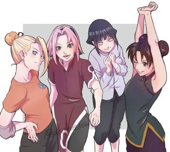4girls :d armpits arms_up black_hair black_pants black_shorts blonde_hair blue_eyes brown_eyes brown_hair double_bun dress earrings forehead_protector green_dress green_eyes hair_bun hand_on_own_hip haruno_sakura highres hyuuga_hinata jewelry konohagakure_symbol long_bangs long_sleeves looking_at_viewer multiple_girls naruto_(classic) naruto_(series) one_eye_closed open_mouth orange_shirt pants pink_hair purple_eyes red_dress sakulove_sssk shirt short_hair short_sleeves shorts single_hair_bun sleeveless sleeveless_dress smile stretching tenten_(naruto) yamanaka_ino