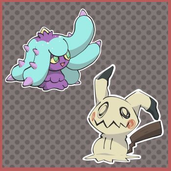 Rule 34 | border, brown background, gen 7 pokemon, highres, jakeinaflannel, looking at viewer, mareanie, mimikyu, nintendo, no humans, outline, outside border, pokemon, pokemon (creature), polka dot, polka dot background, red border, white outline