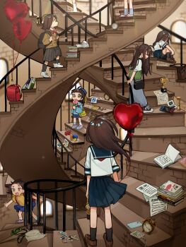 6+girls analog_clock balloon black_skirt black_socks book book_stack bow bowtie brown_hair brown_shoes butterfly_net candy cellphone clock commentary_request dande_lion2604 food green_eyes grey_socks hand_net handheld_game_console heart_balloon highres holding holding_candy holding_food holding_lollipop holding_pocket_watch loafers lollipop long_hair multiple_girls nintendo_ds nintendo_switch open_book original paper phone pleated_skirt pocket_watch red_bow red_bowtie school_uniform shoes short_hair sitting skirt smartphone sneakers socks spiral_staircase stairs standing swirl_lollipop trophy watch white_shoes white_socks