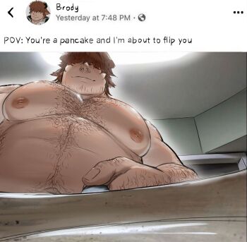 1boy absurdres animal_ears bara brody_(plateforrat) brown_hair cow_ears facial_scar fat fat_man from_below hair_over_eyes highres huge_pectorals looking_at_viewer male_focus mature_male meme muscular muscular_male navel navel_hair nipples original pectorals plateforrat pov pov_you're_a_pancake_and_i'm_about_to_flip_you_(meme) scar scar_on_cheek scar_on_face solo sparse_chest_hair sparse_stubble strongman_waist thick_eyebrows upper_body