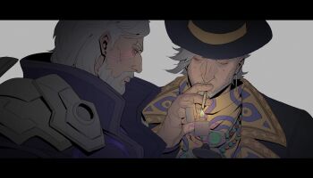 Rule 34 | 2boys, absurdres, bags under eyes, beard, black border, black gloves, black hat, black jacket, border, cheekbones, cigarette, commentary, couple, doctor strange, doctor strange (bleeker street strut), doctor strange (series), earrings, facial hair, facial mark, gloves, glowing markings, gold trim, grey facial hair, grey hair, hat, highres, holding, holding cigarette, holding lighter, jacket, jewelry, letterboxed, lighter, lighting cigarette, magneto, magneto (temporal tyrant), male focus, marvel, marvel rivals, mature male, medium hair, multiple boys, necklace, official alternate costume, profile, purple jacket, scarf, serpentbun, short hair, single earring, smoking, stud earrings, untranslatable commentary, upper body, white background, white facial hair, white hair, x-men, yaoi, yellow scarf