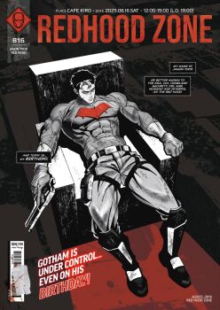 1boy absurdres bat_signal batman_(series) batman_symbol black_gloves black_hair blue_eyes bodysuit cover dc_comics english_text fake_cover gloves grey_bodysuit gun handgun highres holding holding_gun holding_weapon jason_todd male_focus multicolored_bodysuit multicolored_hair muscular muscular_male my_northstar pants red_hood_(dc) red_hood_and_the_outlaws second-party_source short_hair superhero_costume taut_bodysuit trigger_discipline two-tone_bodysuit two-tone_hair weapon