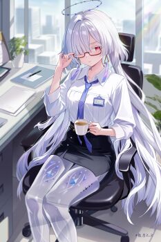 1girl :i absurdres adjusting_eyewear alternate_costume artist_name black_skirt blush breasts chair closed_mouth collared_shirt colored_eyelashes commentary_request cup earrings feet_out_of_frame glasses grey_hair hair_intakes halo highres holding holding_cup id_card indoors jewelry long_hair looking_at_viewer medium_breasts mornye_(wuthering_waves) necktie office_lady partial_commentary pout purple_necktie red-framed_eyewear red_eyes see-through_body shirt shirt_tucked_in sitting skirt solo swivel_chair tacet_mark_(wuthering_waves) triangle_earrings very_long_hair white_shirt wuthering_waves xiongji_z_z