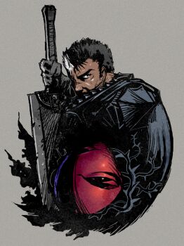 1boy berserk black_hair brand_of_sacrifice cape commentary dark-skinned_male dark_skin dragonslayer_(sword) english_commentary grey_background guts_(berserk) holding holding_sword holding_weapon huge_weapon male_focus miura_kentarou_(style) oggy_(oggyoggy) planted planted_sword planted_weapon reverse_grip scar scar_on_face scar_on_nose solo sword weapon