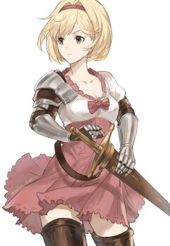 1girl armor bacon_828 blonde_hair bow bowtie breasts brown_eyes cleavage closed_mouth collarbone commentary_request djeeta_(granblue_fantasy) gauntlets granblue_fantasy hairband hand_to_weapon highres holding holding_sword holding_weapon looking_ahead pauldrons red_bow red_bowtie red_hairband red_skirt sheath sheathed shoulder_armor simple_background single_pauldron skirt solo sword thighhighs weapon white_background zettai_ryouiki