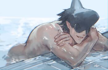1boy absurdres beam_(chainsaw_man) black_hair chainsaw_man commentary_request fingernails highres korean_commentary male_focus nude pool poolside shark_boy shark_fin shark_head sharp_teeth shiny_skin short_hair solo teeth wakamesame2 wet