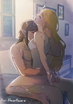 1boy 1girl arms_behind_back aroused ass bdsm bed blonde_hair blush bondage bottomless bound bound_wrists bra brown_hair commentary english_commentary female_focus head_back hetero implied_penetration indoors link nintendo no_panties on_bed pointy_ears princess_zelda scar scars_all_over sex straddling the_legend_of_zelda the_legend_of_zelda:_breath_of_the_wild too_many topless_male underwear upright_straddle white_bra wildstar69 window wrists_tied_together