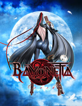 1girl 3d absurdres ass back backless_outfit bayonetta bayonetta_(series) bayonetta_1 black_hair bodysuit feathers female_focus from_behind gloves gun hair_ribbon handgun high_heels highres long_hair moon official_art ribbon shoes solo strap very_long_hair weapon