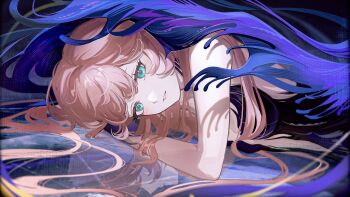 1girl absurdres anna_(drw01) bare_arms bare_shoulders black_background black_dress black_veil blue_eyes blue_veil different_reflection dress hair_spread_out hand_up highres long_hair looking_at_viewer lying nautika_(reverse:1999) on_side pink_hair reflection reflective_floor reverse:1999 solo two-tone_veil upper_body veil