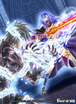 1boy 1girl armor blue_eyes blue_hair boots brown_hair cape chain copyright_name faceless faceless_male force_of_will gem gloves glowing glowing_eyes ice long_hair mask nagasaki_yuko official_art staff thighhighs tiara