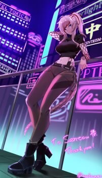 .cho_(ten_chou) 1girl absurdres against_railing au_ra belt black_belt black_boots black_shirt blue_eyes boots breasts brown_pants building cityscape colored_tips commentary_request commission commissioner_name crop_top cropped_shirt cyberpunk dragon_girl dragon_horns dragon_tail final_fantasy final_fantasy_xiv fishnet_sleeves fishnets full_body high_heel_boots high_heels highres horns kaede_(sent_ou) large_breasts midriff multicolored_hair navel_piercing neon_lights night original outdoors pants parted_lips piercing ponytail railing red_hair red_streaks scales shirt short_sleeves sidelocks skeb_commission solo standing swept_bangs tail thank_you twitter_username warrior_of_light_(ff14) white_hair