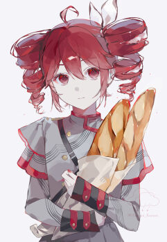1girl :| absurdres ahoge ameyui_komori baguette bow bread buttons check_commentary closed_mouth colored_eyelashes commentary_request double-breasted double-parted_bangs drill_hair expressionless flat_chest food frilled_sleeves frills gold_buttons grey_background grey_jacket grey_skirt hair_between_eyes hair_bow highres holding holding_food jacket kasane_teto kasane_teto_(sv) layered_sleeves light_particles long_sleeves looking_at_viewer musical_staff musical_staff_print nail_polish pale_skin pleated_skirt red_eyes red_hair red_nails red_trim short_over_long_sleeves short_sleeves shoulder_belt shoulder_boards sidelocks simple_background skirt sleeve_cuffs solo straight-on synthesizer_v tareme turtleneck turtleneck_jacket twin_drills twitter_username upper_body utau white_bow