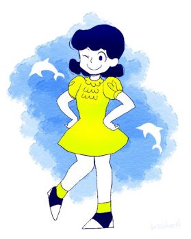 1girl black_hair blue_eyes dress lucy_van_pelt one_eye_closed peanuts_(comic) puffy_short_sleeves puffy_sleeves short_hair short_sleeves smile solo thevigil yellow_dress