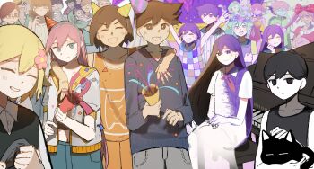 Rule 34 | 6+boys, 6+girls, alternate eye color, angel (omori), animal, antenna hair, arm on another's shoulder, arms up, aubrey (faraway) (omori), aubrey (headspace) (omori), aubrey (omori), basil (faraway) (omori), basil (headspace) (omori), basil (omori), black eyes, black hair, black tank top, blonde hair, blue eyes, blue hairband, blue skin, blue skirt, blue sweater, blunt bangs, blurry, blurry background, blush, bow, bright pupils, brother and sister, brothers, brown eyes, brown hair, captain spaceboy, cat, charlene (omori), checkered clothes, closed eyes, closed mouth, collarbone, collared pajamas, collared shirt, colored skin, commentary, confetti, crop top, dark-skinned male, dark skin, denim, denim skirt, double-parted bangs, dress, dual persona, english commentary, expressionless, father and daughter, father and son, flower, flower wreath, glasses, gradient hair, grand piano, green eyes, green hair, green shirt, green sweater vest, grey hair, grey pants, grin, hair between eyes, hair bow, hair flower, hair ornament, hairband, hairclip, hat, head wreath, hero (faraway) (omori), hero (headspace) (omori), hero (omori), highres, holding, holding animal, holding cat, holding party popper, humphrey (omori), instrument, jacket, kel's father (omori), kel's mother (omori), kel (faraway) (omori), kel (headspace) (omori), kel (omori), kim (omori), long hair, long sleeves, looking at viewer, mari (headspace) (omori), mari (omori), mari (spirit) (omori), marina (omori), medium hair, medusa (omori), mewo, mikhael (omori), molly (omori), mother and daughter, mother and son, multicolored hair, multiple boys, multiple girls, navel, neckerchief, ojou-sama pose, omori, omori (omori), open clothes, open jacket, open mouth, orange shorts, pajamas, pants, party hat, party popper, piano, piano bench, pink bow, pink hair, polka dot, polka dot bow, polly (omori), purple eyes, purple hair, purple sweater vest, red-framed eyewear, red eyes, red neckerchief, sally (omori), shirt, short-sleeved jacket, short sleeves, shorts, siblings, sidelocks, sitting, skirt, smile, spade ritu, striped clothes, striped pajamas, sweater, sweater vest, sweetheart (omori), t-shirt, tank top, teeth, tentacle hair, twintails, two-tone hair, vance (omori), vertical-striped clothes, vertical-striped pajamas, white dress, white jacket, white pajamas, white pupils, white shirt, white skin