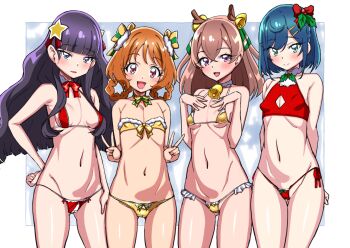 arms_behind_back asortofcolorfag bell bikini blue_eyes blue_hair blush breasts brown_hair cameltoe closed_mouth commentary commentary_request cropped_jacket delicious_party_precure double_v english_commentary eyebrows_hidden_by_hair fake_antlers flat_chest fuwa_kokone gluteal_fold gold_bikini gold_bra gold_panties groin hair_ornament hair_rings hairclip hanamichi_ran hands_on_own_chest highres kasai_amane large_variant_set lips long_hair looking_at_viewer medium_hair micro_panties mixed-language_commentary miyagoe_yoshitsuki nagomi_yui navel neck_bell open_mouth orange_hair panties precure purple_hair red_eyes red_panties small_breasts smile stomach swimsuit thigh_gap underwear v variant_set