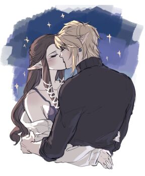 Rule 34 | 1boy, 1girl, black sweater, blonde hair, blue background, blush, border, brown hair, closed eyes, commentary, couple, dress, earrings, half updo, hetero, jacket, jewelry, kiss, kurokawa karasu, link, long hair, nintendo, off-shoulder jacket, off shoulder, pointy ears, princess zelda, purple dress, short hair, sidelocks, sketch, sky, sparkle, star (sky), starry sky, sweater, symbol-only commentary, the legend of zelda, the legend of zelda: twilight princess, turtleneck, turtleneck sweater, upper body, white border, white jacket
