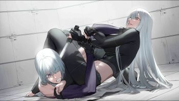 Rule 34 | 2girls, ak-12 (girls' frontline), ak-15 (girls' frontline), blood, blood on face, catfight, feet, game cg, midriff, multiple girls, official art, weapon