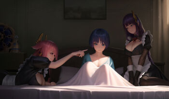 1boy 2girls absurdres angry animal_ears bent_over blanket blue_eyes blue_hair blunt_bangs breasts cleavage closed_mouth collarbone commentary fox_ears fox_girl from_side genshin_impact hair_between_eyes hair_ornament head_tilt headpiece highres huge_breasts index_finger_raised indoors leaning_forward light_particles looking_down maid mother_and_son multicolored_hair multiple_girls neck_ribbon on_bed pectoral_cleavage pectorals pink_hair pointing pout purple_eyes purple_hair raiden_shogun red_ribbon ribbon scaramouche_(genshin_impact) shade sitting streaked_hair sunlight upper_body wanderer_(genshin_impact) wariza yae_miko yitaiyi