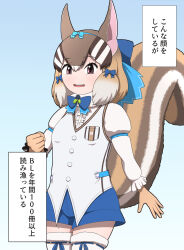 Rule 34 | 1girl, animal ears, brown eyes, brown hair, chipmunk ears, chipmunk girl, chipmunk tail, extra ears, gloves, highres, kemono friends, kemono friends v project, looking at viewer, microphone, rest in muni, ribbon, shirt, short hair, shorts, siberian chipmunk (kemono friends), simple background, solo, tail, thighhighs, translation request, vest, virtual youtuber